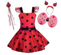 Jolly Fancy - Déguisement Robe Coccinelle Ladybug Costume avec Ailes et Bandeau pour Enfants Filles Taille 5-6 ans