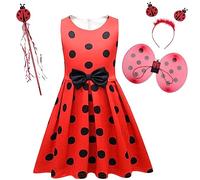 Jolly Fancy - Déguisement Robe Coccinelle Ladybug Costume avec Ailes et Bandeau pour Enfants Filles Taille 5-6 ans