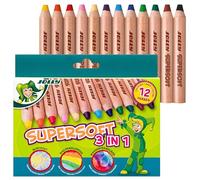 JOLLY Supersoft 3 en 1 - 12 couleurs Crayons de couleur, crayons de cire et crayons aquarellables en un, mine extra-douce de 10 mm, incassables et opaques, pour les enfants, l'école et la maternelle