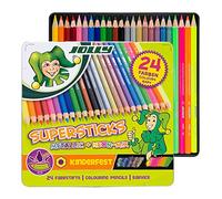 JOLLY Supersticks Classic crayons de couleur, mélange métallique, 24 crayons de couleur dans un étui métallique, incassable, parfait set de couleurs polyvalent, hexagonal