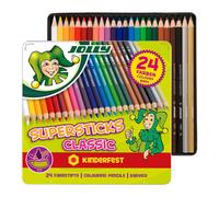 Jolly Supersticks Premium European Colord Crayons avec botier de transport en etain; Ensemble de 24 arts et metiers parfaits pour la coloration