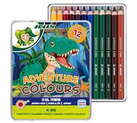 Jolly X-Big Adventure Colours Lot de 12 crayons de couleur extra épais pour enfants avec mine XXL de 6,4 mm, incassables, haute intensité de couleur, avec autocollant dinosaure, pour débutants en