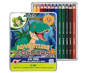 Jolly X-Big Adventure Colours Lot de 12 crayons de couleur extra épais pour enfants avec mine XXL de 6,4 mm, incassables, haute intensité de couleur, avec autocollant dinosaure, pour débutants en