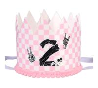 Jollyboom Bad Two The Bone Décorations d'anniversaire pour fille, Bad 2 The Bone Chapeau conique rose et blanc à carreaux pour filles de 2 ans Musique Rock and Roll Fournitures de fête