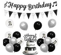 Jollyboom Déco d'anniversaire musical - Bannières « Happy Birthday », fanions de notes, ballons Blancs et noirs, gâteau décoré