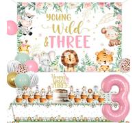 Jollyboom Décoration de 3e anniversaire avec inscription « Young Wild and Three » - Décoration de gâteaux - Vert sauge, rose, doré - 3 ballons en aluminium - Pour fête d'anniversaire