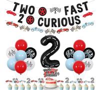 Jollyboom Décorations d'anniversaire « Two Fast Two Curious » - Décoration de 2e anniversaire pour garçon - Bannière sur le thème de la voiture de course - Guirlande de gâteau - Ballon en aluminium