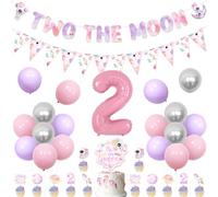 Jollyboom Décorations d'anniversaire « Two The Moon » pour fille - Décorations de fête pour 2ème fête - Fanion, bannière, gâteaux, cupcakes, ballons pour espace de 2 ans