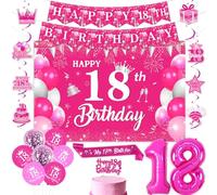 Jollyboom Décorations de 18e anniversaire pour elle, rose vif, décorations « Happy 18th Birthday » à suspendre - Banderole tourbillons à suspendre pour gâteau - Ballons en aluminium pour fille de 18