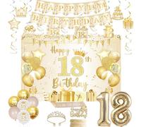 Jollyboom Décorations de 18e anniversaire pour filles - Blanc et doré - Écharpe « Happy 18th Birthday » et diadème - Bannière tourbillons à suspendre - Ballons de décoration de gâteau - 18 feuilles