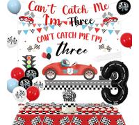 Jollyboom Décorations de 3e anniversaire en forme de voiture de course, Can't Catch Me Im 3 - Toile de fond - Bannière - Nappe de gâteau - Décorations de cupcakes et ballons pour fête de 3 ans