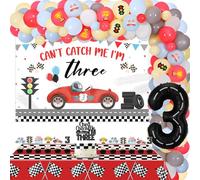 Jollyboom Décorations de 3e anniversaire en forme de voiture de course Can't Catch Me Im 3 - Toile de fond pour gâteaux - Décoration de gâteaux - Arche de ballons en aluminium pour enfants de 3 ans