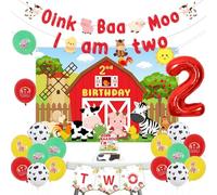 Jollyboom Décorations de fête d'animaux de la ferme pour 2e anniversaire, Oink Baa Moo Im - Toile de fond pour chaise haute, bannière de gâteau - Ballons en forme de chiffre 2 pour fête de 2 ans
