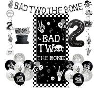 Jollyboom Décorations de fête d'anniversaire Bad Two the Bone pour garçon, bannière Bad 2 The Bone à suspendre tourbillons pour gâteau de 2 ans pour garçon de 2 ans, musique rock and roll