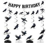 Jollyboom Décorations de fête d'anniversaire corbeau noir - Bannière « Happy Birthday » à suspendre - Centre de table en nid d'abeille pour corbeau gothique - Décorations de fête d'anniversaire