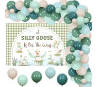 Jollyboom Décorations de fête prénatale Silly Goose - Vert sauge « A Silly Goose Is On the Way » - Toile de fond pour arche de ballons pour animaux de la ferme - Décorations de fête prénatale
