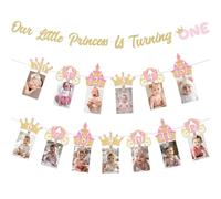 Jollyboom Décorations de premier anniversaire de princesse pour fille, bannière photo pour 1er anniversaire sur le thème de la princesse « Our Little Princess Is Turning One » - Bannière à paillettes