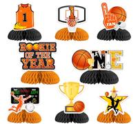Jollyboom Lot de 8 décorations de 1er anniversaire de la recrue de l'année, décoration de table en nid d'abeille pour garçon, basket-ball, sport, fête sur le thème du sport