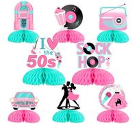 Jollyboom Lot de 8 décorations de fête d'anniversaire des années 50, décorations de table en nid d'abeille pour musique rock and roll « I Love The 50s » rétro « Happy Birthday »