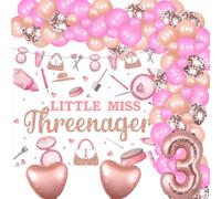 Jollyboom Threenager Décorations pour 3e anniversaire de fille, toile de fond « Little Miss Threenager » - Rouge à lèvres - Guirlande de 3 ballons en forme de cœur - Or rose - Pour fête d'anniversaire