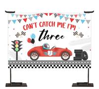 Jollyboom Toile de Fond sur Le thème de la Voiture de Course pour 3e Anniversaire, Can't Catch Me I'm Three Birthday, Toile de Fond pour garçon et Fille, Voiture de Course, décoration de fête d'anniv