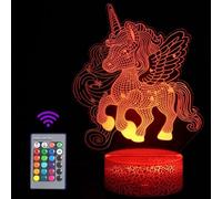 JOLLYEEP Veilleuse Licorne Pour Enfants, Cadeaux Licorne Pour Filles, Télécommande 16 Couleurs Changeantes Réglage De La Luminosité, Lampe LED Illusion 3D Pour Garçons Salon Chambre Décor
