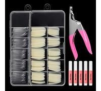 JOLLYSTYLE Lot de 200 faux ongles longs en acrylique transparent naturel avec coupe-ongles, forme cercueil et colle sans trace