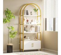 JOLLYTOP Bibliothèque avec armoire, étagère arquée avec cadre en acier, étagère de présentation industrielle, étagère de rangement en métal et bois, pour salon, bureau à domicile, chambre à coucher