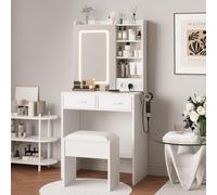 JOLLYTOP Coiffeuse avec miroir et éclairage, table cosmétique avec chaise, table cosmétique avec station de charge, coiffeuse éclairée pour chambre à coucher, salle de bain, blanche