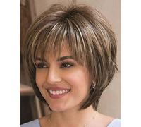 JOLNVCA Perruque courte brune avec frange - Cheveux synthétiques raides - Pour femme blanche - Blond mélangé marron