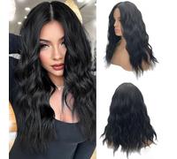 JOLNVCA Perruque noire ondulée pour femme, longueur moyenne, 45,7 cm, cheveux synthétiques résistants à la chaleur, aspect naturel, perruques de fête cosplay