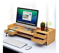 Jolre Support pour écran, support de moniteur pour ordinateur de bureau avec tiroir, support pour ordinateur, organisateur de bureau, support de moniteur en bambou, boîte de rangement.