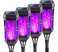 Joltix Lampes Solaires Jardin Extérieur, Violet 4 Packs 12 LED Lumière Flamme Solaire Vacillante, Torches Jardin pour Decoration Halloween, IPX4 Etanche Lanterne Exterieur pour Décor Patio,Chemins