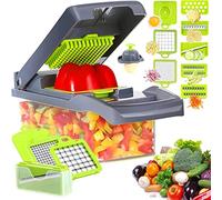 JOMBOFUN Hachoir à légumes multifonction 12 en 1, hachoir à oignons à 7 lames, coupe-légumes, râpe, mandoline avec récipient, gadgets de cuisine gain de temps (Gris)