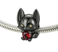 JOME Charm chat noir vampire en argent sterling 925 - Breloque Bat Cat avec ailes et cœur rouge - Bijou gothique de chat compatible avec bracelets européens - Cadeau Halloween et amoureux des chats