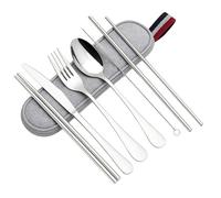 JOME Set de Couverts Réutilisables en Acier Inox 304 - Étui en Tissu Inclus - Couteau, Fourchette, Cuillère, Pailles, Baguettes & Goupillon pour Repas Nomades