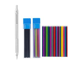JOMPENS Ensemble de porte-mines en métal de 2 mm avec 72 recharges colorées 2B et 2 boîtes, crayons automatiques pour peinture de croquis pour bureau, papeterie (argenté)