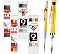 JOMPENS Kit de crayon de charpentier à trou profond et longue portée - Crayon de menuiserie de 2,8 mm + crayon automatique à bec long de 2,0 mm avec 42 mines de recharge pour menuiserie, architecture