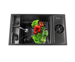 JOMRTS Évier de cuisine à cuve simple avec plaque de recouvrement pour café, restaurant, bar en acier inoxydable, mini évier à bol simple pour légumes (noir, 58 x 26 x 22 cm)