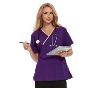 JONATHAN UNIFORM Blouse Medicale Femme 2 Poches Manches Courtes, Extensible Col en V Tenue Médicale Femme d'Été Tenue Aide Soignante Professionnelle (Violet, S)