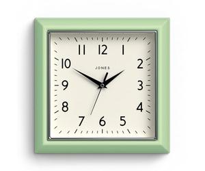 JONES CLOCKS® Mustard Horloge Murale | Horloge rétro carrée | 25 cm | Vert Menthe néo | Chiffres faciles à Lire | Parfaite pour la Cuisine ou Le Bureau