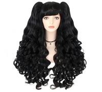 JoneTing Perruque noire pour queue de cheval avec bonnet de perruque : perruque noire bouclée pour femme, perruque longue bouclée noire avec clip sur queue de cheval pour costume de princesse