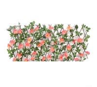 Jonikuper Clôture extensible en bois artificiel avec feuilles vertes et fleurs - Treillis télescopique pour balcon, terrasse, décoration extérieure, hauteur réglable (rose foncé)