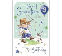 Jonny Javelin Carte d'anniversaire 3 ans pour petit-fils - Motif mignon cowboy et chiot - Finition aluminium et paillettes - Carte de 3 ans pour un petit-fils spécial - Pour lui - Carte de vœux pour