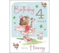 Jonny Javelin Carte d'anniversaire 4 ans pour fille - Motif floral fée - Finition aluminium et paillettes - Carte de 4 ans pour elle - Carte de vœux pour quatrième anniversaire