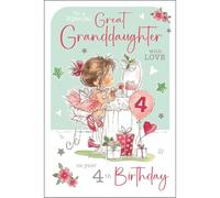 Jonny Javelin Carte d'anniversaire 4 ans pour petite-fille - Motif fille mignonne et cadeaux - Finition aluminium et paillettes - Carte de 4 ans pour grand-fille spéciale - Pour elle - Carte de vœux