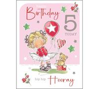 Jonny Javelin Carte d'anniversaire 5 ans pour fille - Motif fille mignonne, ballons et ours en peluche - Finition aluminium et paillettes - Carte de 5 ans pour elle - Carte de vœux pour cinquième