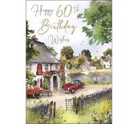 Jonny Javelin Carte d'anniversaire 60 ans pour homme - Design pittoresque Country Pub et voiture classique - Finition aluminium - Carte de 60 ans - Carte de vœux pour 60 ans