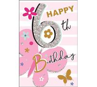 Jonny Javelin Carte d'anniversaire Enfant 6 ans pour fille - Motif papillons et fleurs - Avec paillettes et détails en aluminium