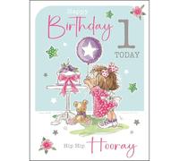 Jonny Javelin Carte d'anniversaire pour fille - Motif gâteau mignon, ballon et nounours - Finition aluminium et paillettes - Carte d'anniversaire pour elle 1 an